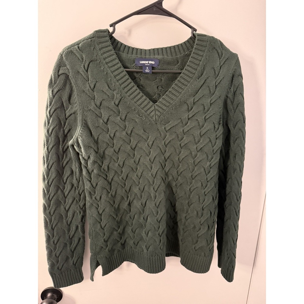 Lands End Drifter Womens Small 6-8 Forest Green Cable Knit V-Neck Sweater